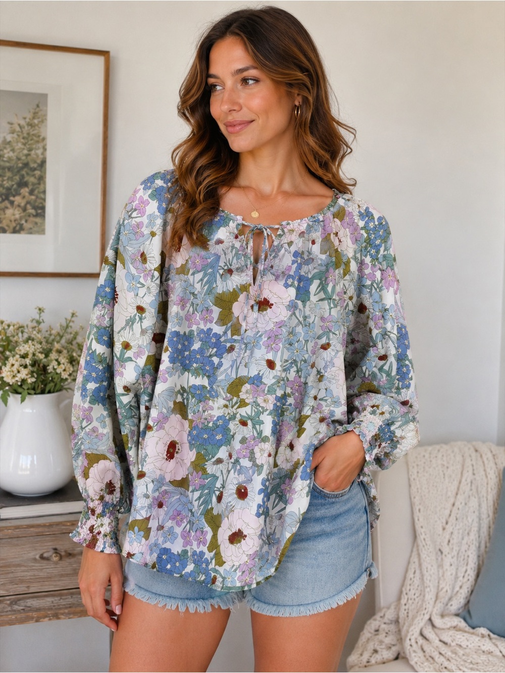 Boho Floral Flowy Peasant Top Smocked Sleeve Cottagecore Medium Romantic Prairie